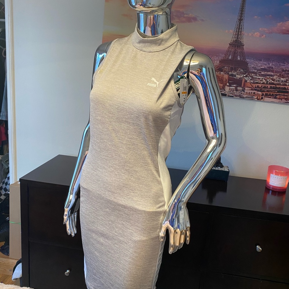 Puma Light Gray and White Sleeveless Midi Dress
